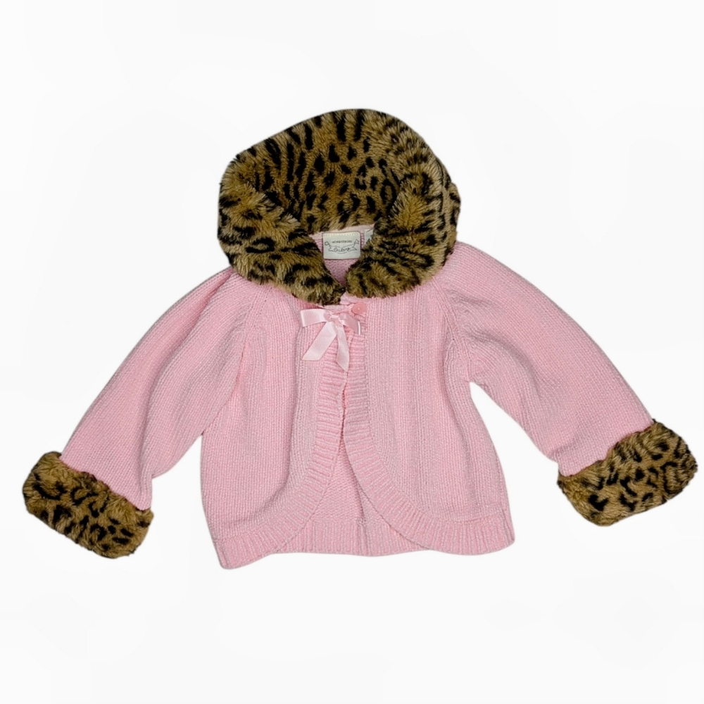 Nordstrom Baby Girl Pink Sweater Size 12 Months Leopard Print Collar Faux Fur